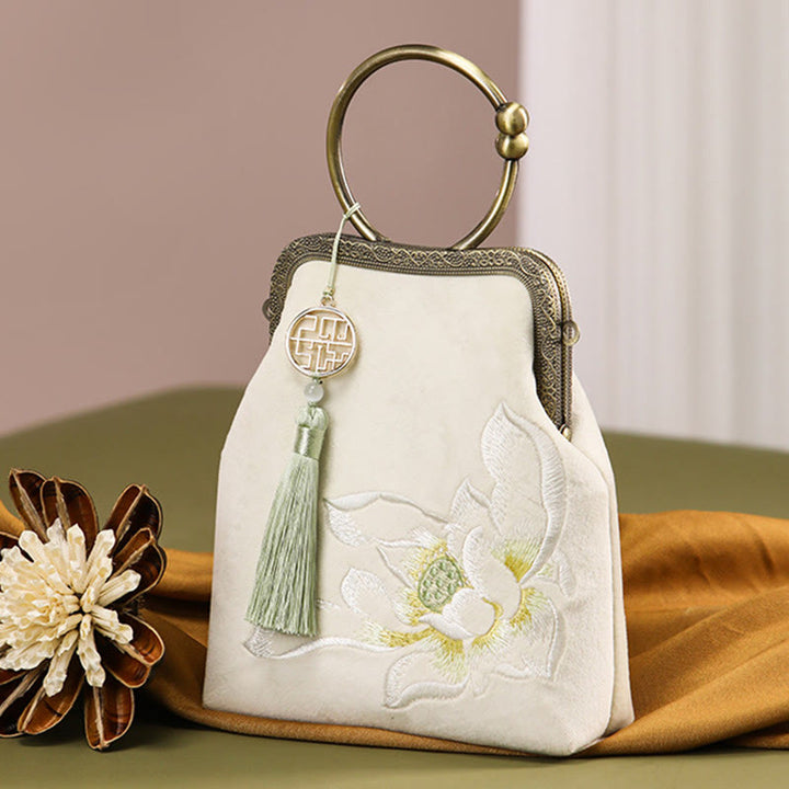 Abendtasche mit Lotus-Stickerei, Quaste und Kussverschluss, für Partys, mit Henkel