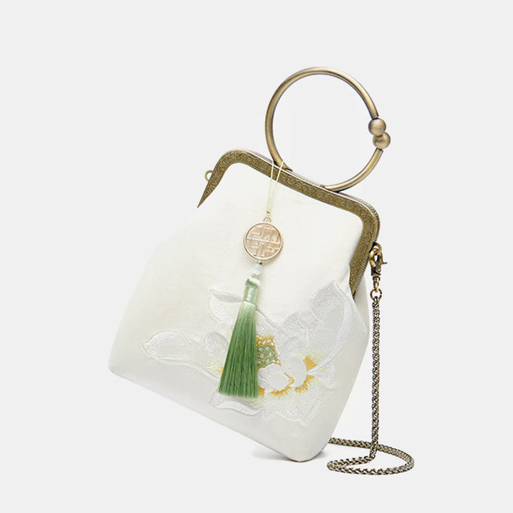 Abendtasche mit Lotus-Stickerei, Quaste und Kussverschluss, für Partys, mit Henkel