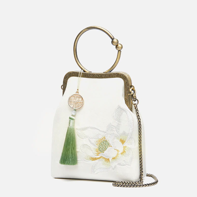 Abendtasche mit Lotus-Stickerei, Quaste und Kussverschluss, für Partys, mit Henkel