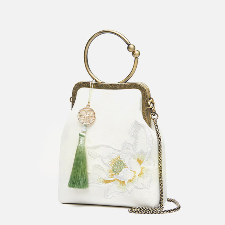 Abendtasche mit Lotus-Stickerei, Quaste und Kussverschluss, für Partys, mit Henkel