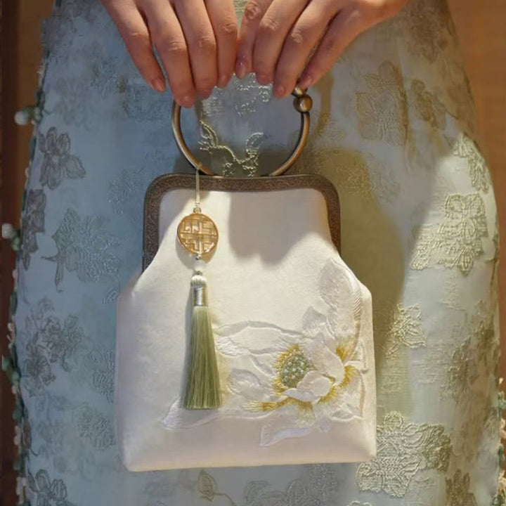 Abendtasche mit Lotus-Stickerei, Quaste und Kussverschluss, für Partys, mit Henkel