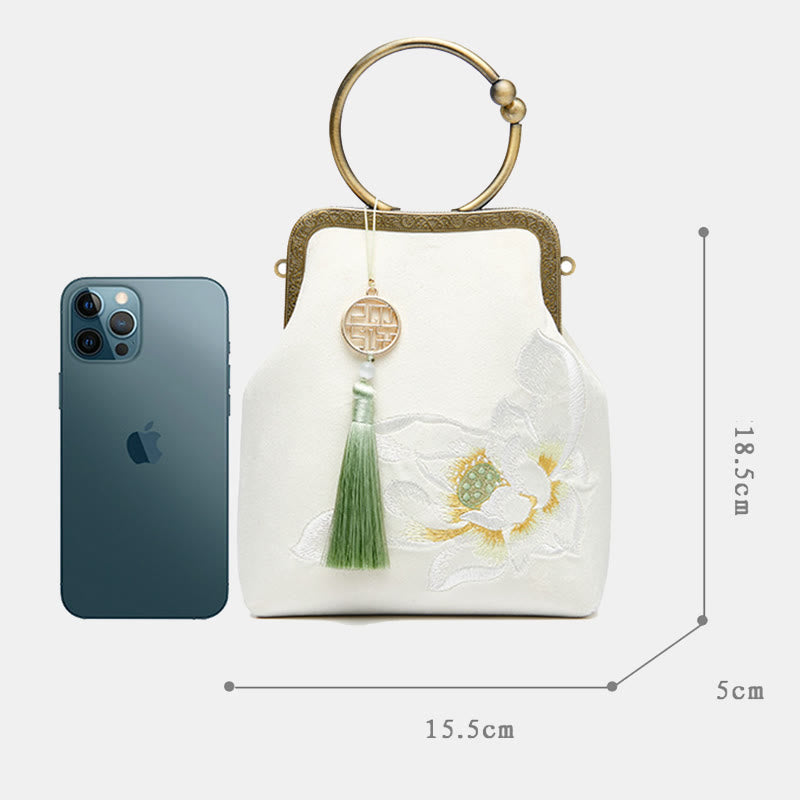 Abendtasche mit Lotus-Stickerei, Quaste und Kussverschluss, für Partys, mit Henkel