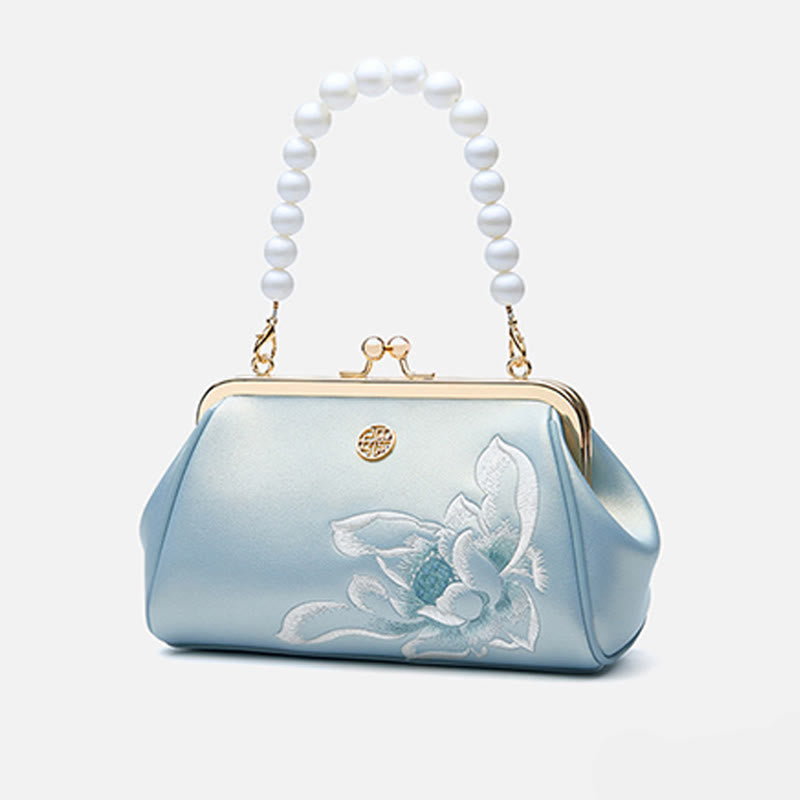Abendtasche mit Perlenkette und Lotusstickerei