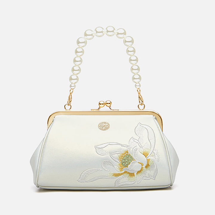 Abendtasche mit Perlenkette und Lotusstickerei