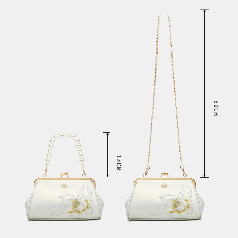 Abendtasche mit Perlenkette und Lotusstickerei