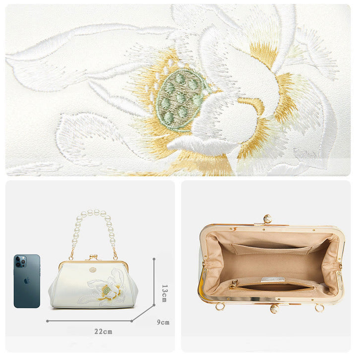 Abendtasche mit Perlenkette und Lotusstickerei