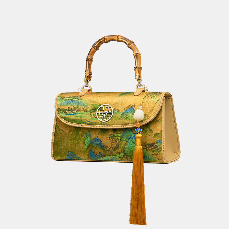 XiangYunSha Abendtasche aus Seide mit Bergmalerei und Bambusgriff