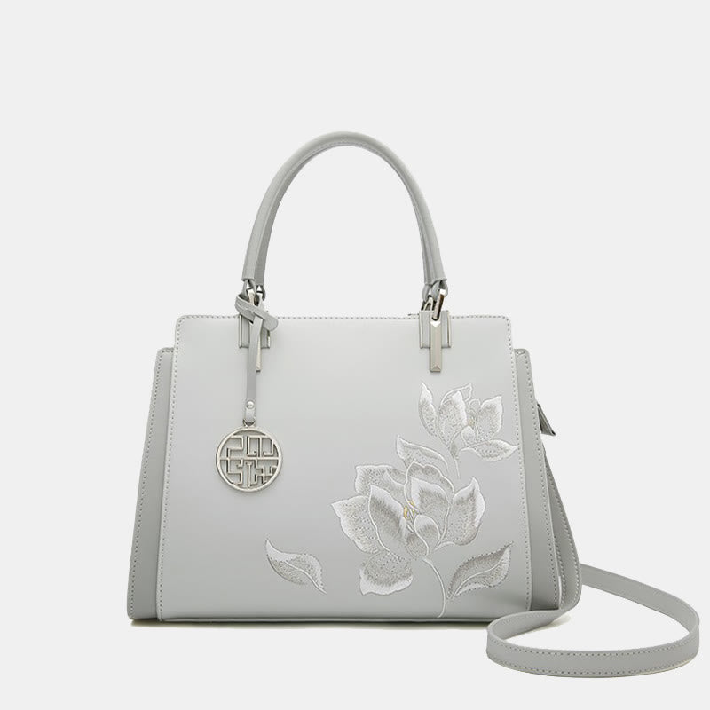 Handtasche aus echtem Leder mit Magnolienblumen-Stickerei