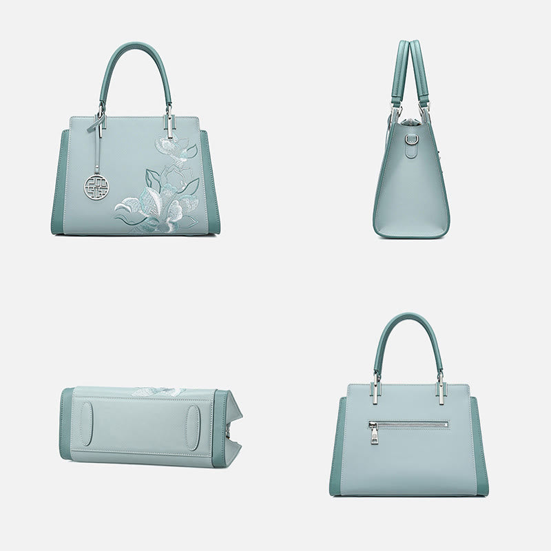 Handtasche aus echtem Leder mit Magnolienblumen-Stickerei