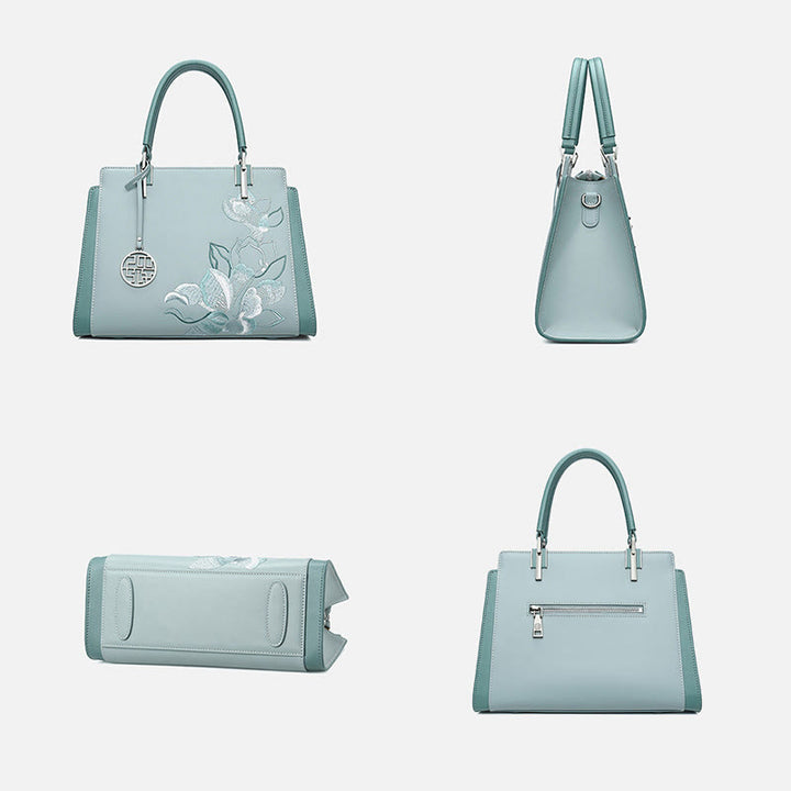 Handtasche aus echtem Leder mit Magnolienblumen-Stickerei