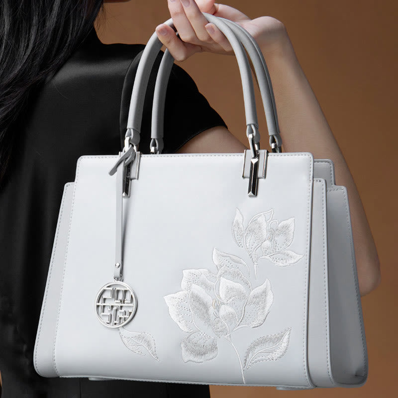 Handtasche aus echtem Leder mit Magnolienblumen-Stickerei