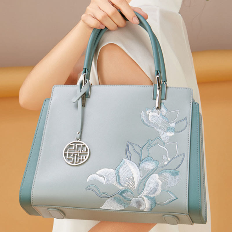 Handtasche aus echtem Leder mit Magnolienblumen-Stickerei