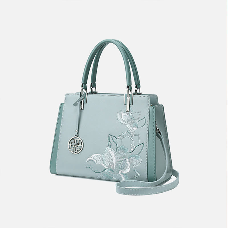 Handtasche aus echtem Leder mit Magnolienblumen-Stickerei