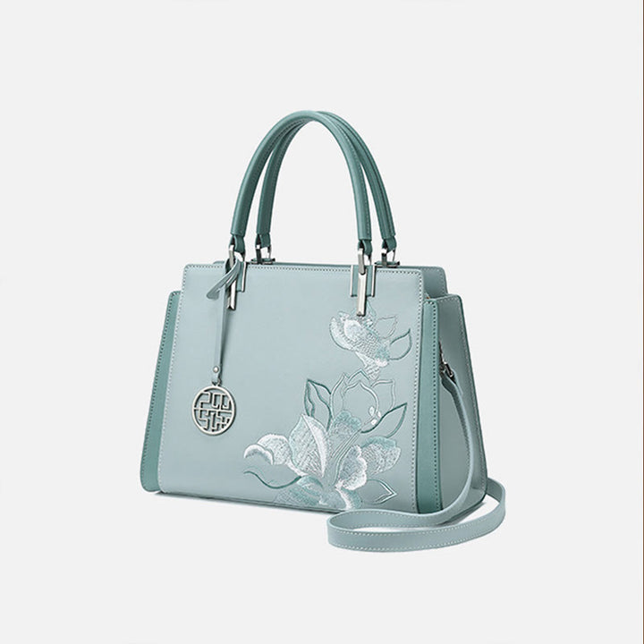 Handtasche aus echtem Leder mit Magnolienblumen-Stickerei