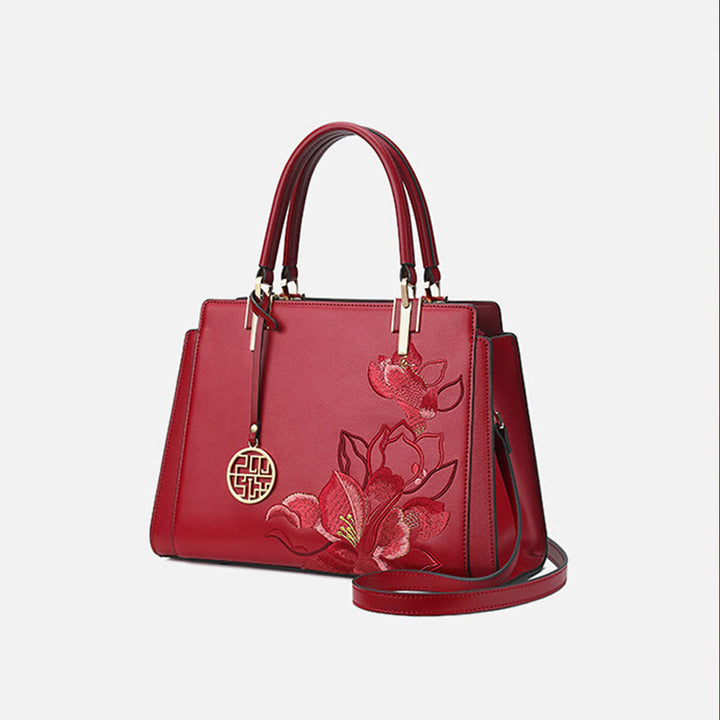 Handtasche aus echtem Leder mit Magnolienblumen-Stickerei