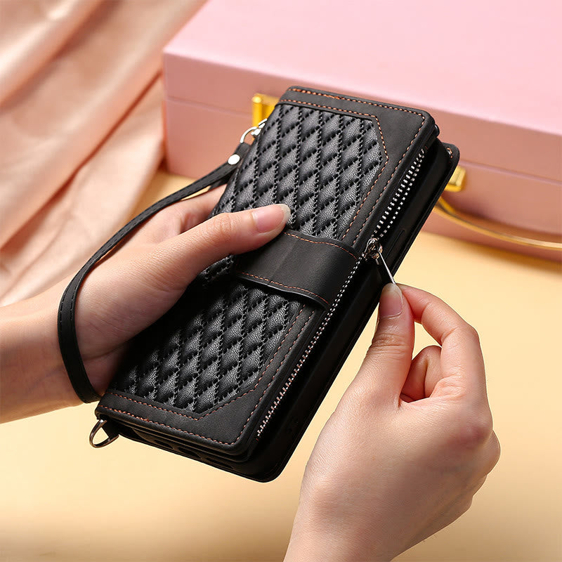 Gesteppte Telefon-Brieftaschenhülle aus Kunstleder für iPhone mit Umhängegurt