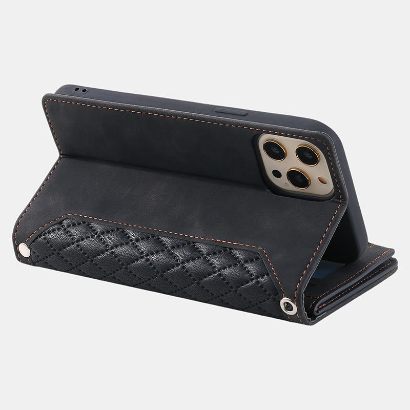 Gesteppte Telefon-Brieftaschenhülle aus Kunstleder für iPhone mit Umhängegurt