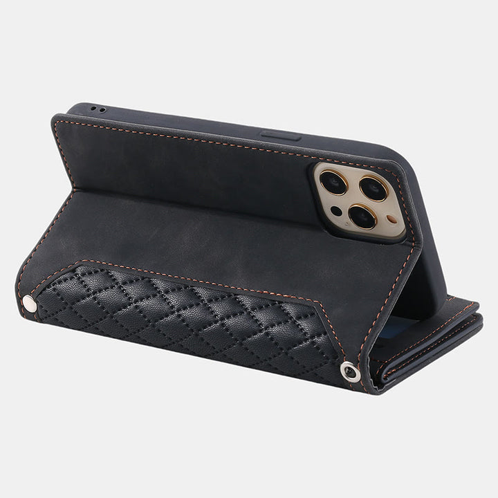 Gesteppte Telefon-Brieftaschenhülle aus Kunstleder für iPhone mit Umhängegurt
