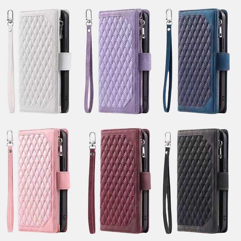 Gesteppte Telefon-Brieftaschenhülle aus Kunstleder für iPhone mit Umhängegurt