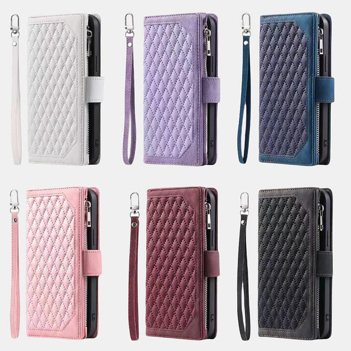 Gesteppte Telefon-Brieftaschenhülle aus Kunstleder für iPhone mit Umhängegurt