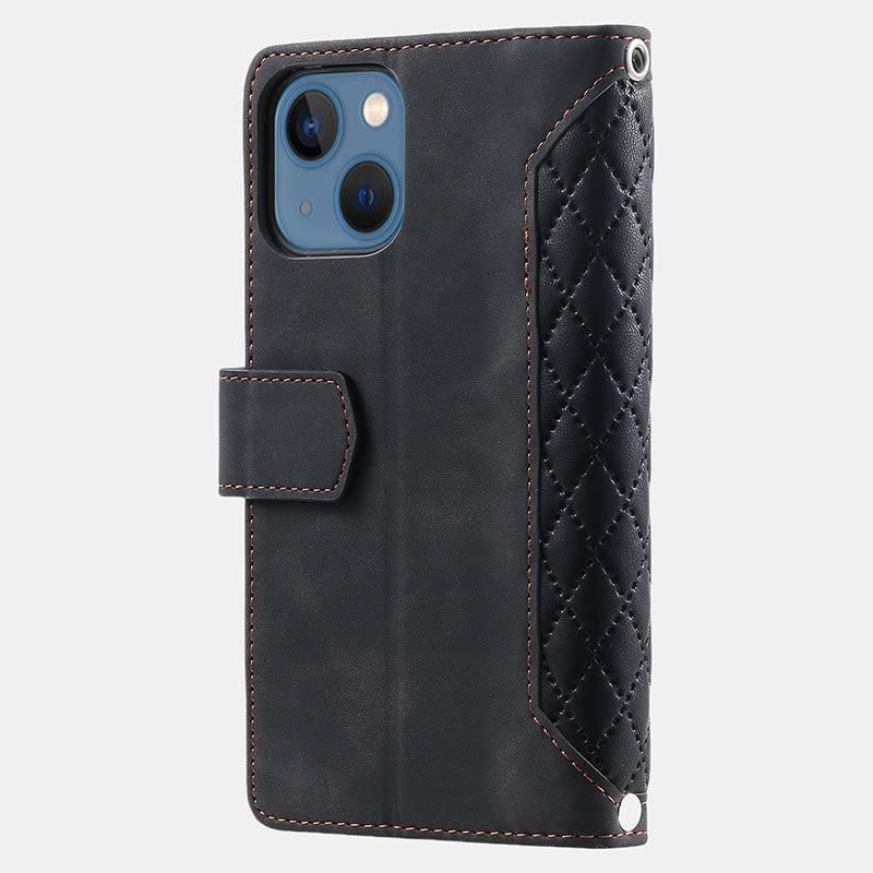 Gesteppte Telefon-Brieftaschenhülle aus Kunstleder für iPhone mit Umhängegurt