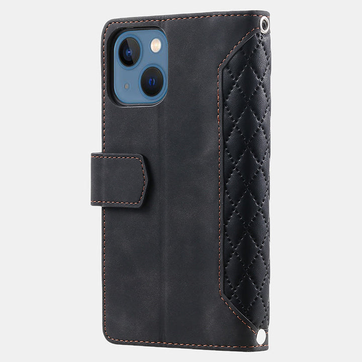 Gesteppte Telefon-Brieftaschenhülle aus Kunstleder für iPhone mit Umhängegurt
