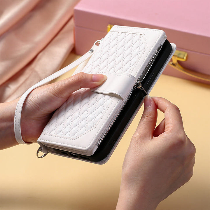 Gesteppte Telefon-Brieftaschenhülle aus Kunstleder für iPhone mit Umhängegurt