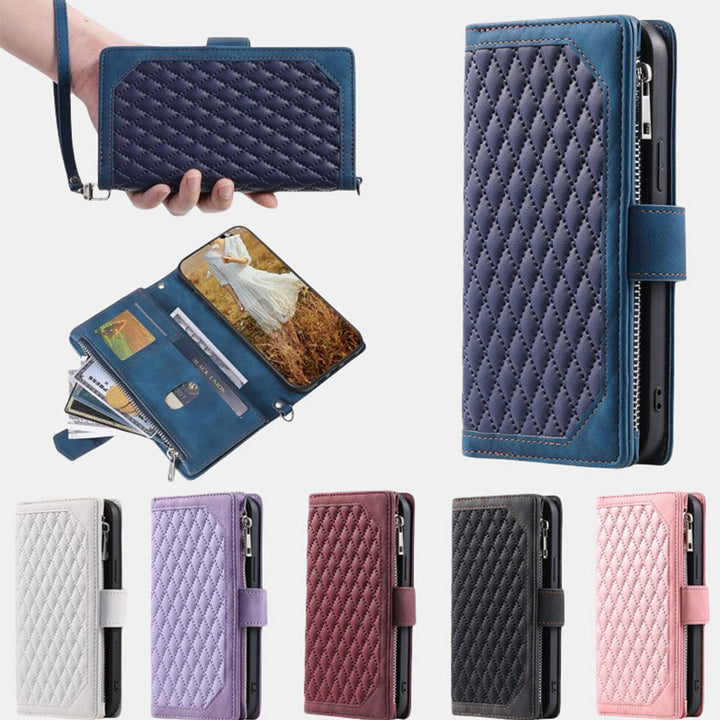 Gesteppte Telefon-Brieftaschenhülle aus Kunstleder für iPhone mit Umhängegurt