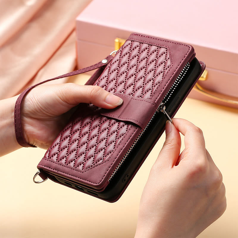 Gesteppte Telefon-Brieftaschenhülle aus Kunstleder für iPhone mit Umhängegurt