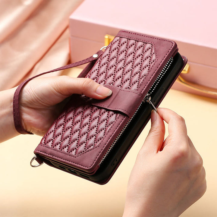 Gesteppte Telefon-Brieftaschenhülle aus Kunstleder für iPhone mit Umhängegurt