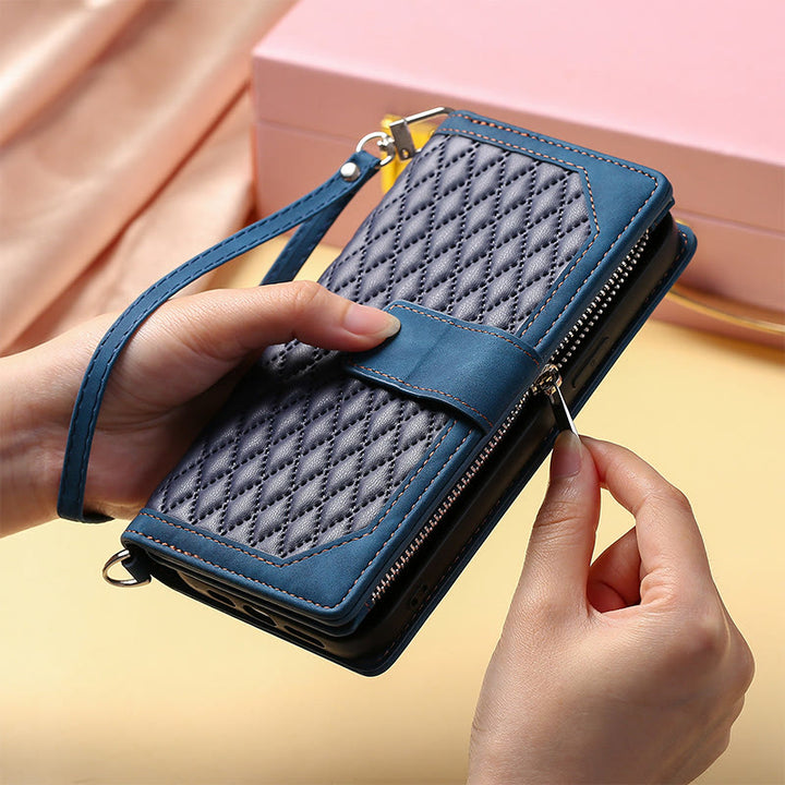 Gesteppte Telefon-Brieftaschenhülle aus Kunstleder für iPhone mit Umhängegurt