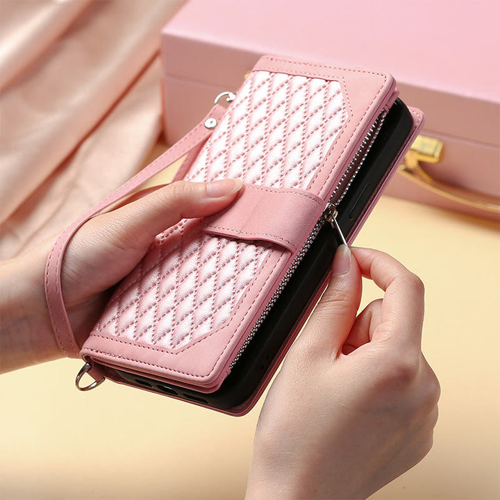 Gesteppte Telefon-Brieftaschenhülle aus Kunstleder für iPhone mit Umhängegurt