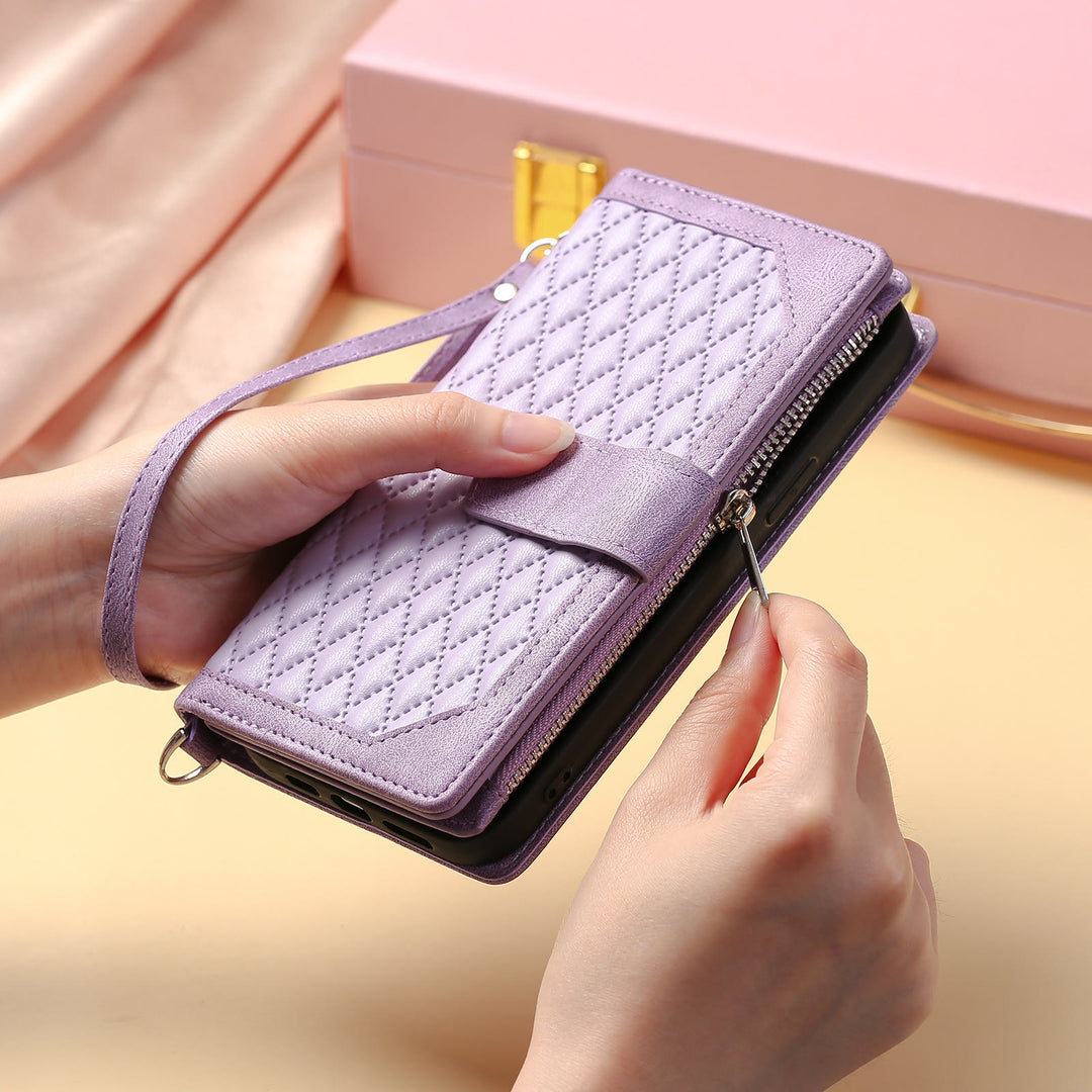 Gesteppte Telefon-Brieftaschenhülle aus Kunstleder für iPhone mit Umhängegurt