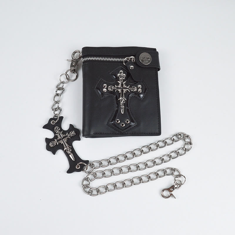 Totenkopf-Kreuz-Geldbörse mit Kettennieten-Geldscheinklammer für Männer