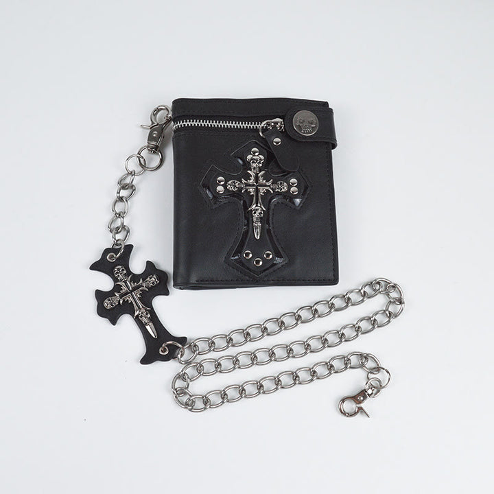 Totenkopf-Kreuz-Geldbörse mit Kettennieten-Geldscheinklammer für Männer