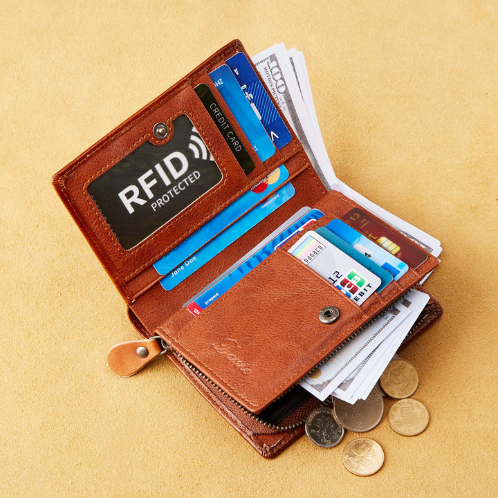Retro RFID-blockierende zweifach faltbare Lederbrieftasche für Herren mit Reißverschlussfach
