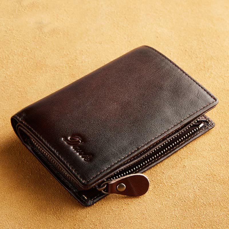 Retro RFID-blockierende zweifach faltbare Lederbrieftasche für Herren mit Reißverschlussfach