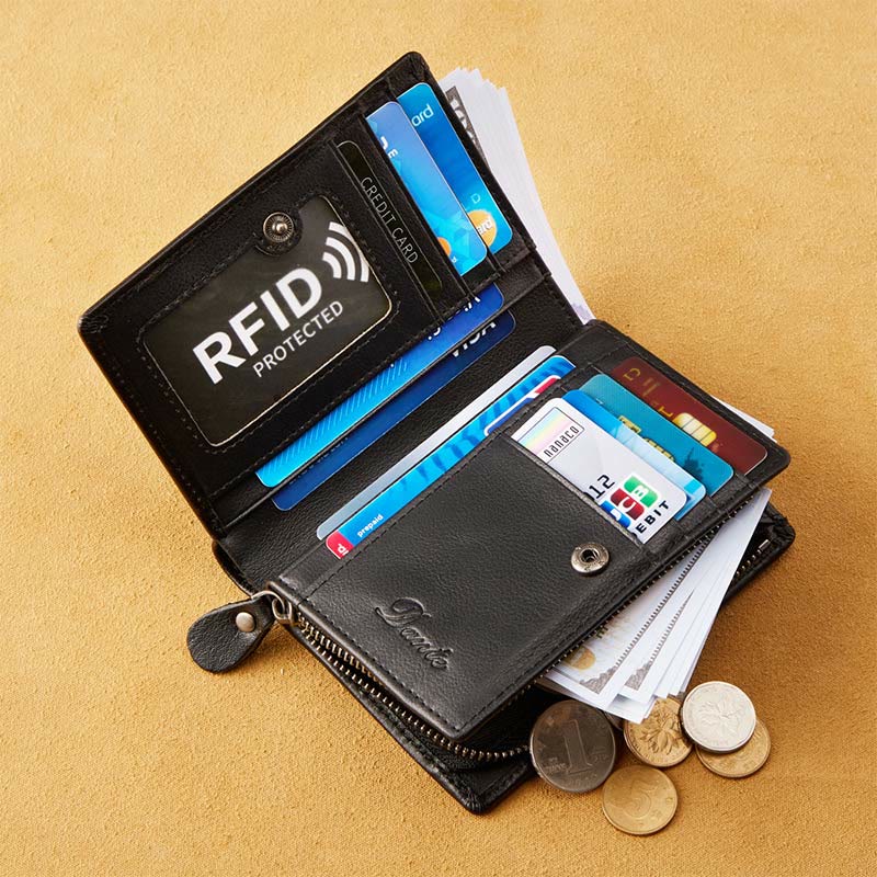 Retro RFID-blockierende zweifach faltbare Lederbrieftasche für Herren mit Reißverschlussfach