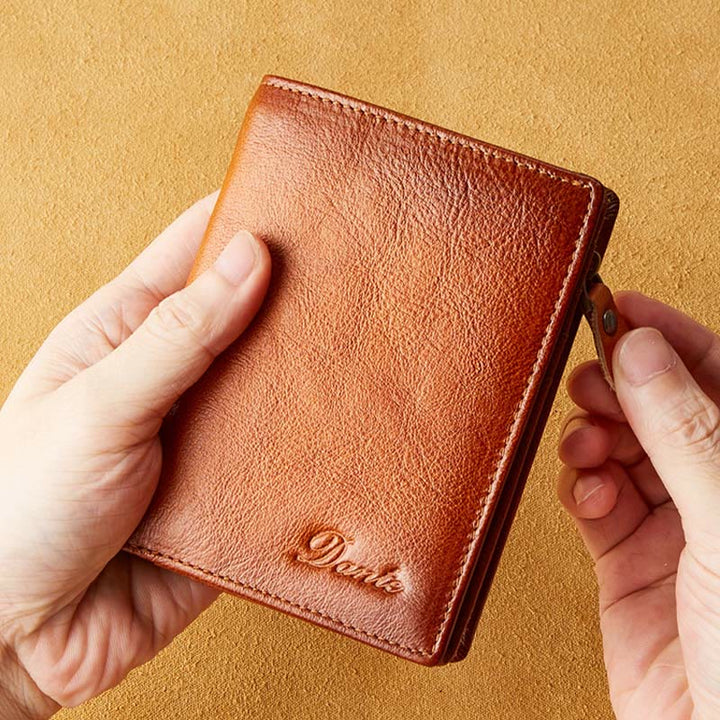 Retro RFID-blockierende zweifach faltbare Lederbrieftasche für Herren mit Reißverschlussfach