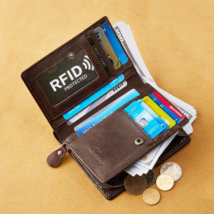 Retro RFID-blockierende zweifach faltbare Lederbrieftasche für Herren mit Reißverschlussfach