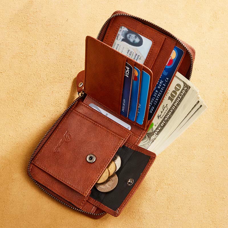 Dreifach faltbare Lederbrieftasche mit RFID-Schutz und Rundum-Reißverschluss