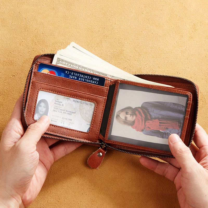 Dreifach faltbare Lederbrieftasche mit RFID-Schutz und Rundum-Reißverschluss