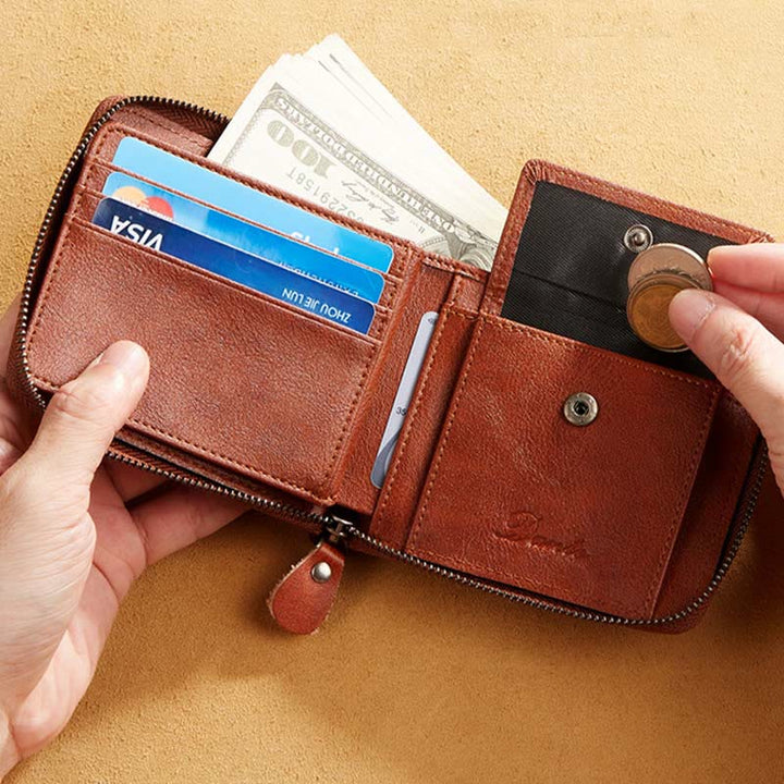 Dreifach faltbare Lederbrieftasche mit RFID-Schutz und Rundum-Reißverschluss