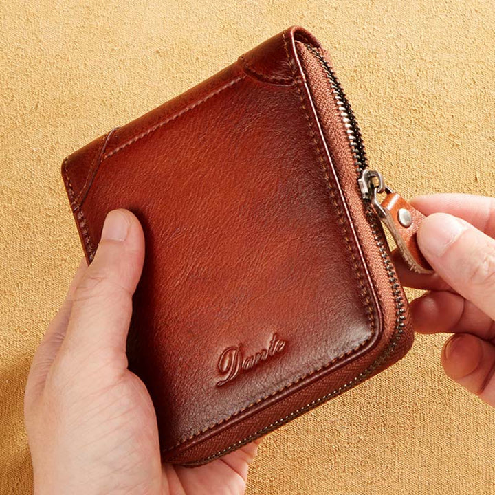 Dreifach faltbare Lederbrieftasche mit RFID-Schutz und Rundum-Reißverschluss