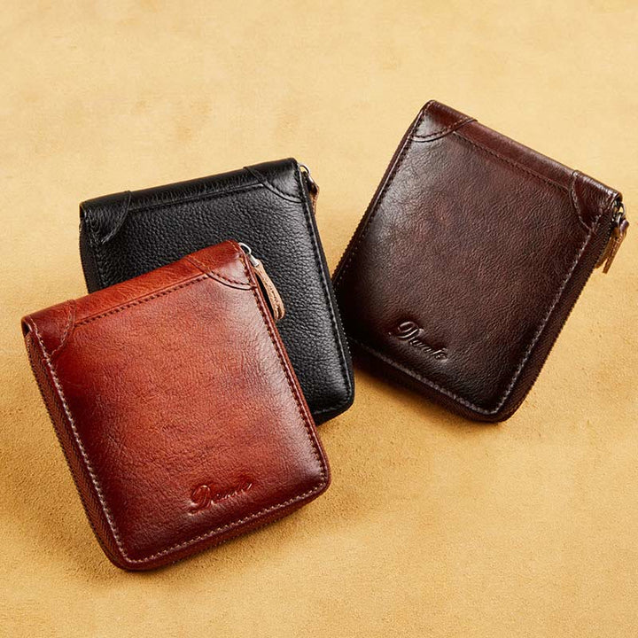 Dreifach faltbare Lederbrieftasche mit RFID-Schutz und Rundum-Reißverschluss