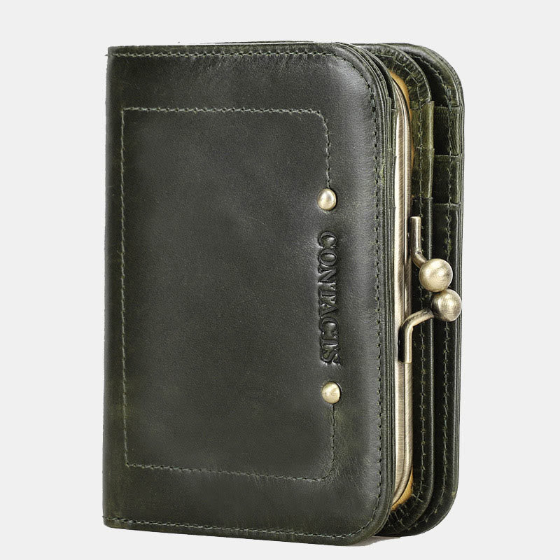 Dreifach faltbare Lederbrieftasche mit RFID-Schutz und Kiss-Lock-Münzfach