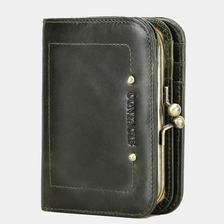 Dreifach faltbare Lederbrieftasche mit RFID-Schutz und Kiss-Lock-Münzfach