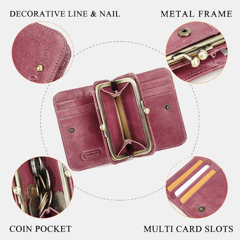 Dreifach faltbare Lederbrieftasche mit RFID-Schutz und Kiss-Lock-Münzfach