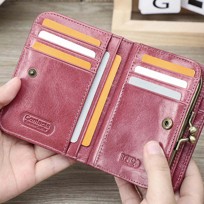 Dreifach faltbare Lederbrieftasche mit RFID-Schutz und Kiss-Lock-Münzfach