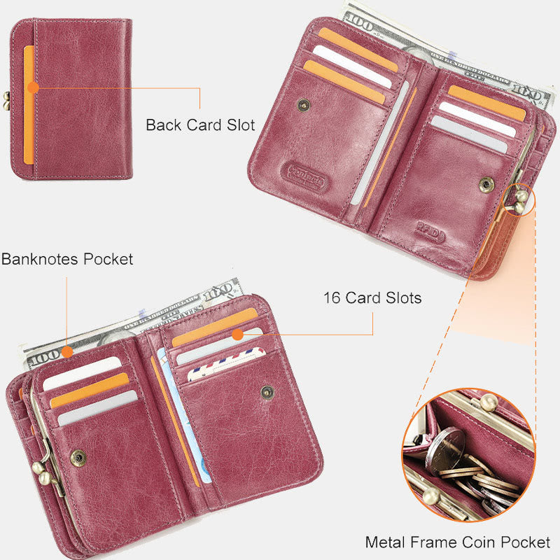 Dreifach faltbare Lederbrieftasche mit RFID-Schutz und Kiss-Lock-Münzfach